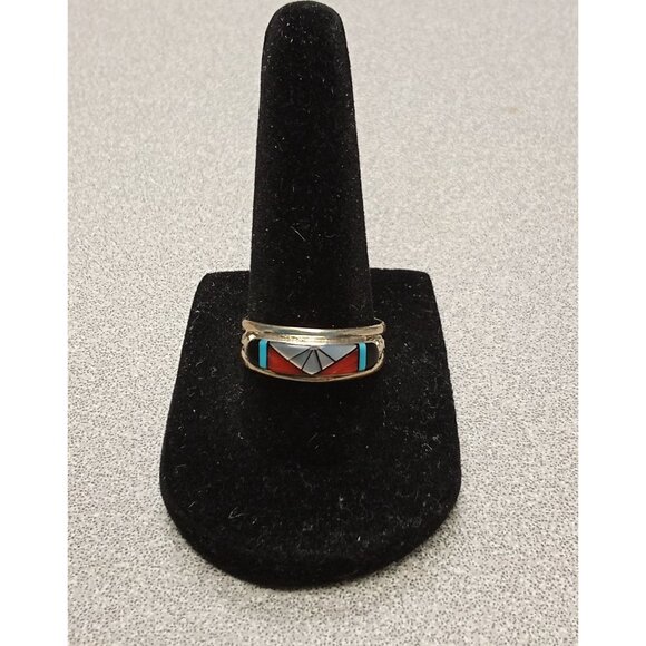 Sterling Silver Inlay Ring With Geometric Design - Picture 1 of 5